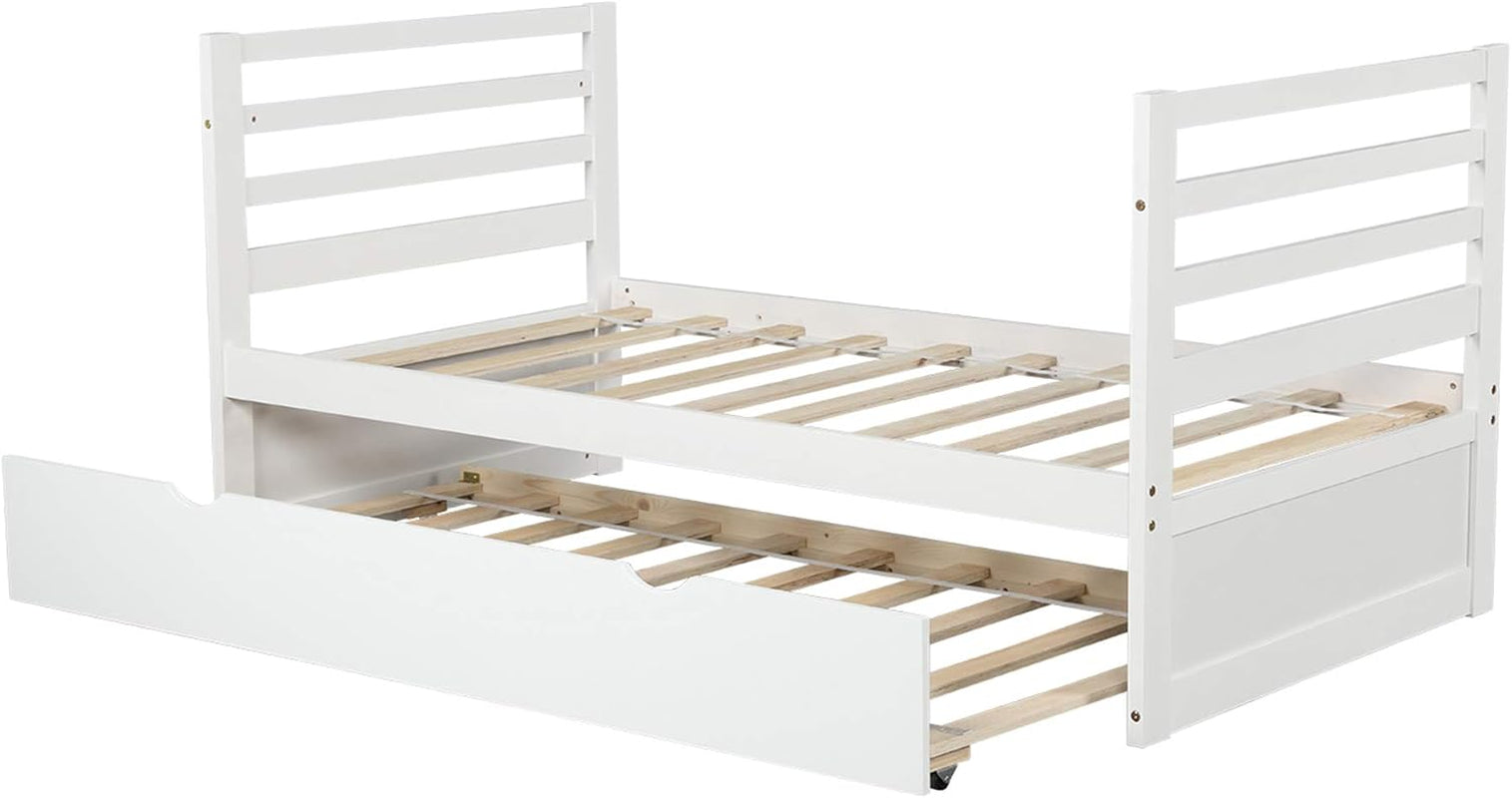 Twin over Twin Bunk Bed, Hinipa Space Saving Design Bedroom Furniture Wood Bunk Beds with Trundle, Ladder and Safety Rail (White)