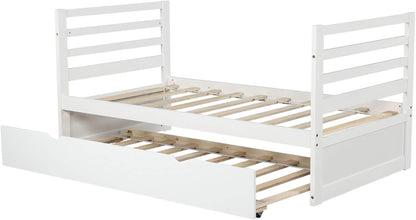 Twin over Twin Bunk Bed, Hinipa Space Saving Design Bedroom Furniture Wood Bunk Beds with Trundle, Ladder and Safety Rail (White)