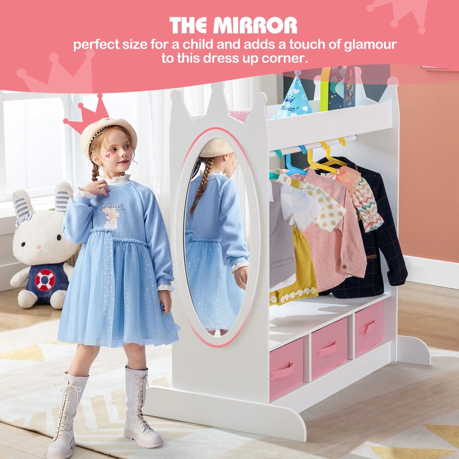 Kids Armoire Pretend Dress-Up Storage Openning Hanging Closet Wardrobe Girls Bedroom Furniture with Mirror, 3 Drawers, Side Pocket(White)